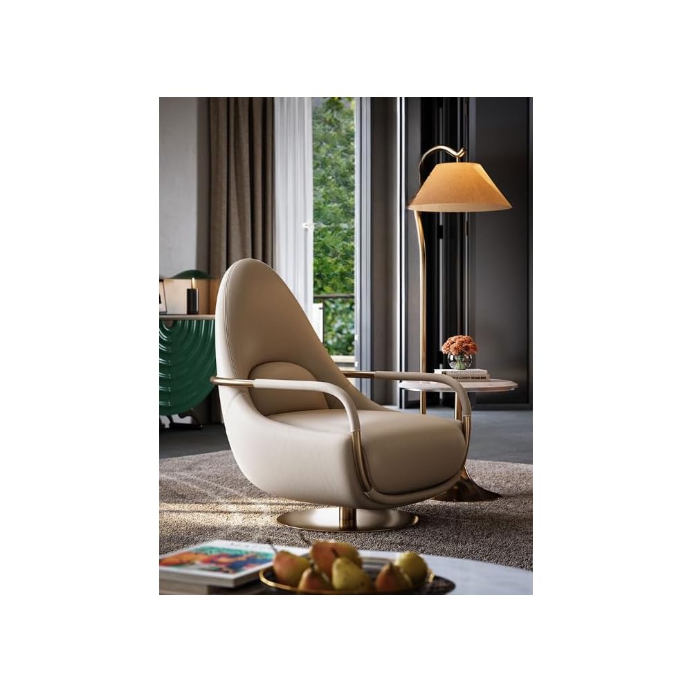 Luxury Swivel Accent Chair – Modern Genuine Leather Lounge Chair with 360° Rotation for Living Room Bedroom Reading Corner (Beige)