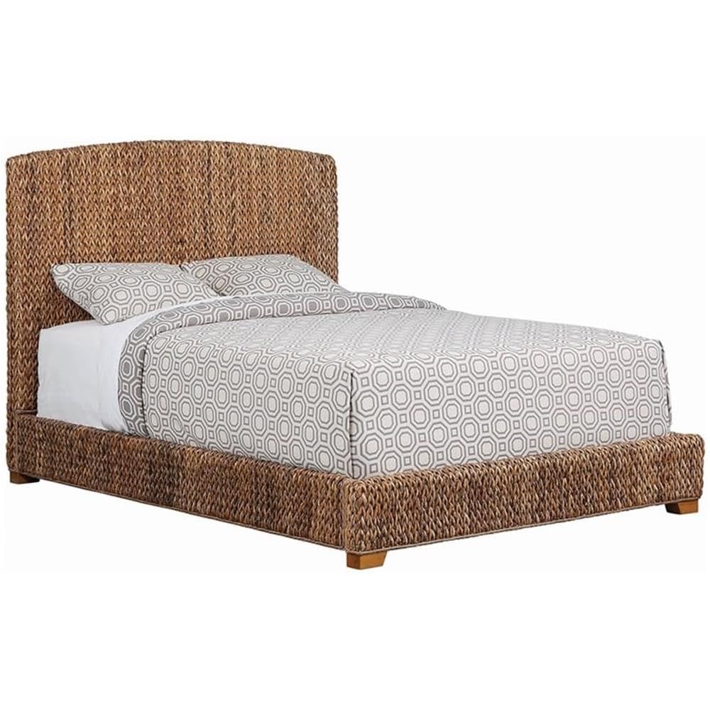 BOWERY HILL California King Panel Bed, Woven Banana Leaf Headboard and Footboard, Amber and Honey Finish, Tropical Style, 55" H x 78.75" W x 92.25" D, Durable Design for Bedroom Comfort
