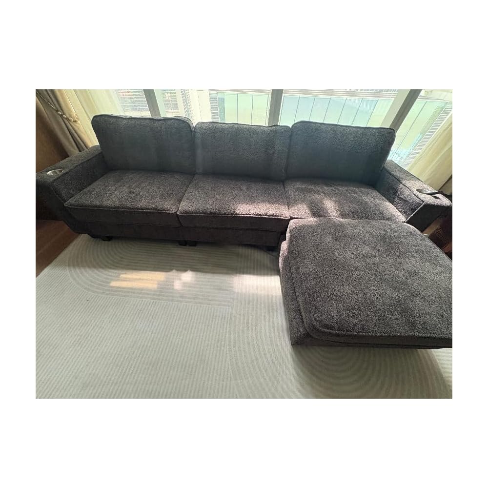 L-Shaped Sectional Couch for Living Room with Storage Drawers & Cup Holders