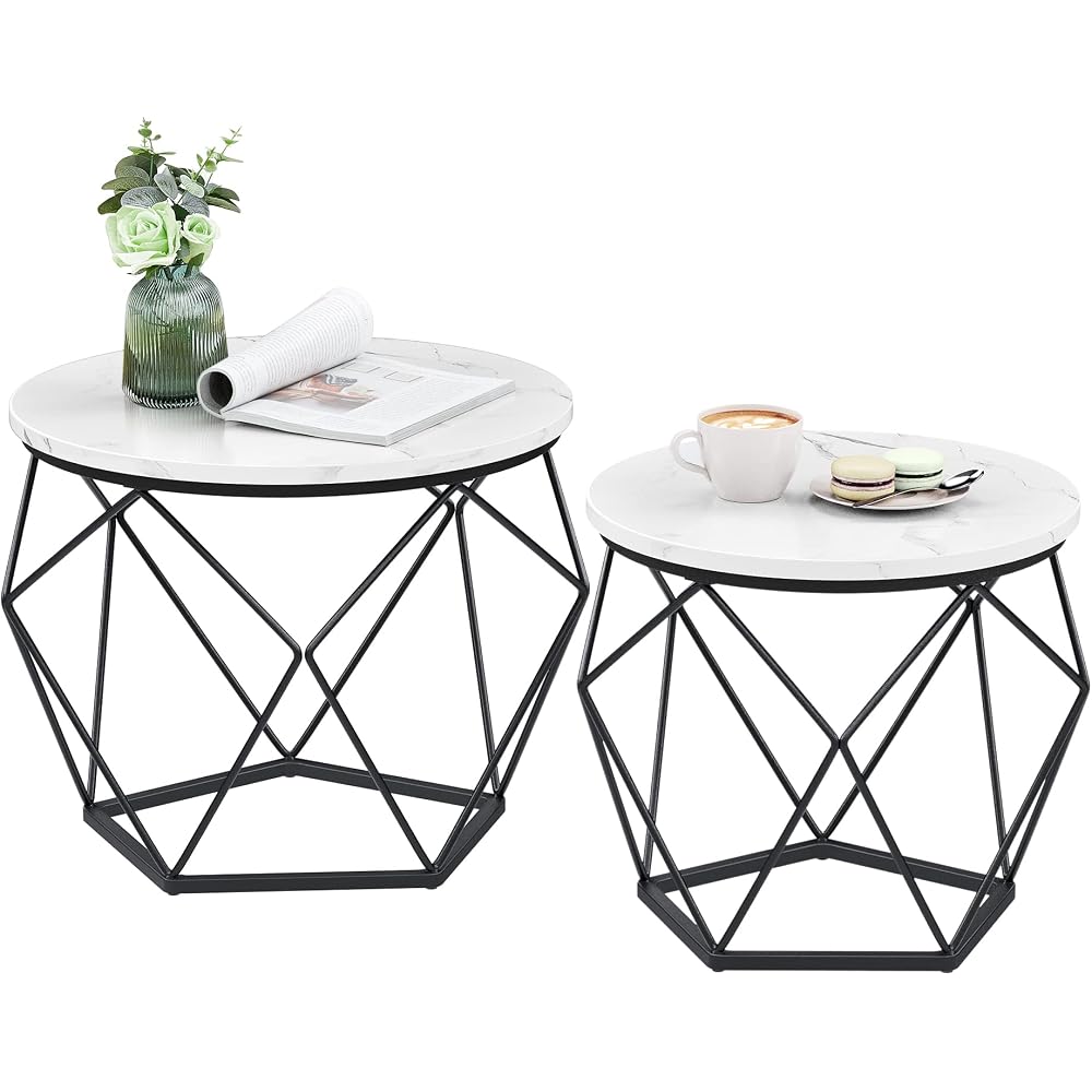 VASAGLE Small Round Coffee Table Set of 2, with Steel Frame