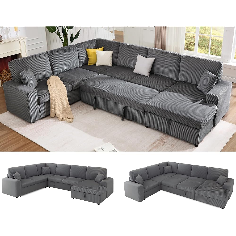 Jocisland 130" Sofa Bed, Sleeper Sofa, Pull Out Sleeper Couch with Storage, Convertible 6-Seater Sofa Bed for Living Room, Corduroy Grey