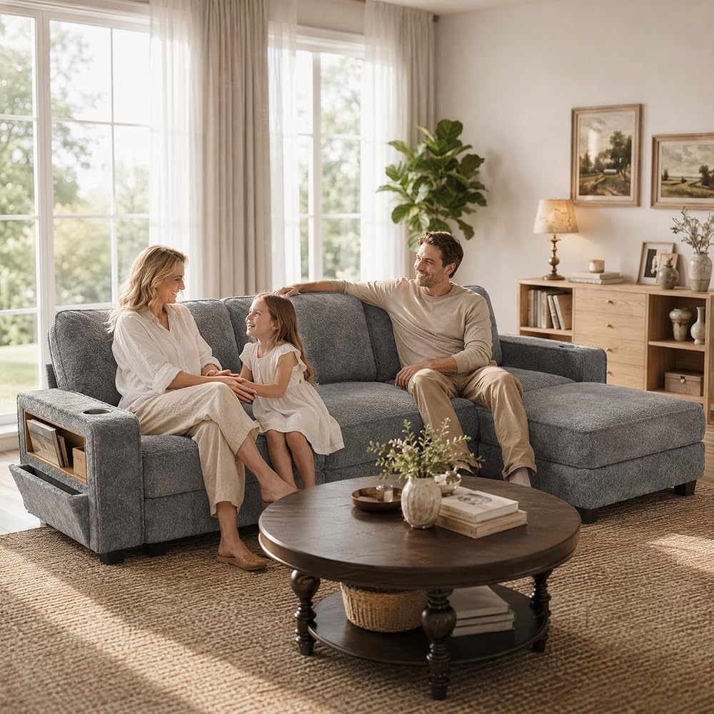 L-Shaped Sectional Couch for Living Room with Storage Drawers & Cup Holders
