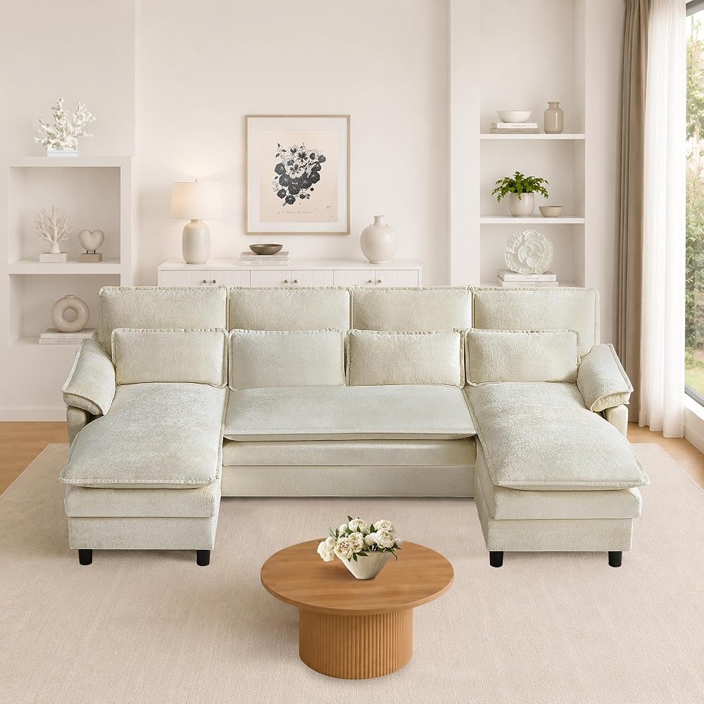 105" U Shaped Sectional Couch for Living Room, 4 Seater Cloud Sofa with Double Chaise and Dual Layer Cushion, Modern Comfy Chenille Upholstered Sofas for Apartment, Bedroom, Beige