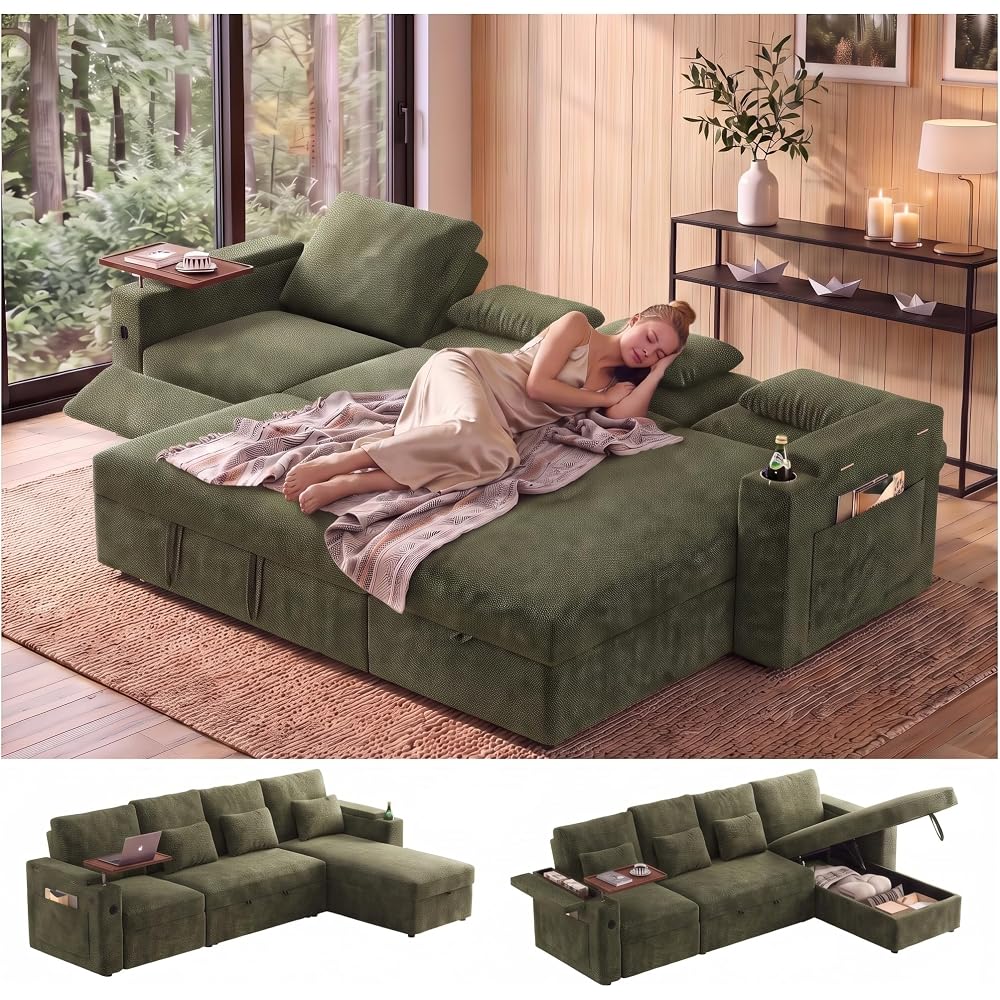 108" L Shaped Sleeper Sofa Bed,3 in 1 Pull Out Chenille Convertible Sectional Couch With Storage&Reclining Backrest For Living Room With USB|Type-C Port|Foldable Table|Cup Holder|Side Pocket,Green