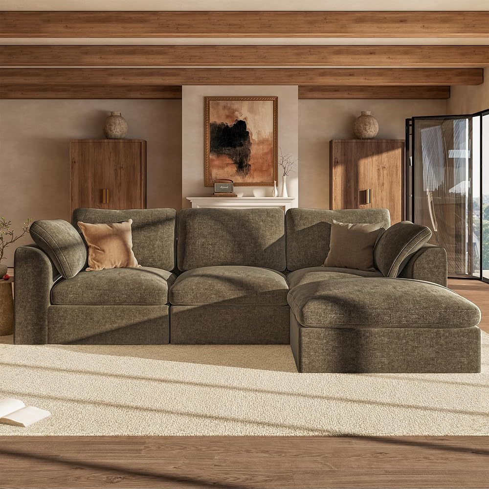 110" Cloud Sectional Couches for Living Room, Convertible L Shape Boneless Couch with Ottoman, Oversized Modular Cloud Sofa Set, 3 Seat Deep Comfy Sofa for Bedroom Apartment, Chenille, Coffee Brown